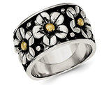 Ladies Antiqued Flower Daisy Ring in Sterling Silver with 14K Yellow Gold Center